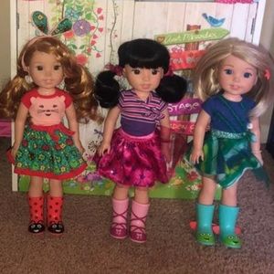 Wellie Wishers dolls Willa, Camille, & Emerson butterfly backpack & Carriage